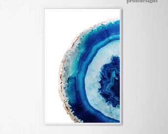 Agate Printable Poster, Watercolor Agate Print, Agate Art, Decorative Wall Art, Blue Agate Poster, Geode Art Print, Gemstone Mineral Art