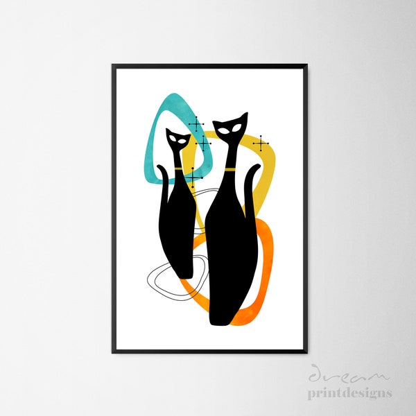 Impresión de gato moderno de mediados de siglo, gatos de mediados de siglo, arte de gato de mediados de siglo, impresión de gato moderno, impresión moderna, gatos atómicos retro, regalo de amante de los gatos