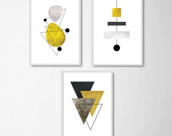 Conjunto de tres impresiones, arte amarillo negro de la pared, estampados geométricos amarillos, arte moderno gris amarillo, impresión escandinava, arte imprimible de mediados del siglo