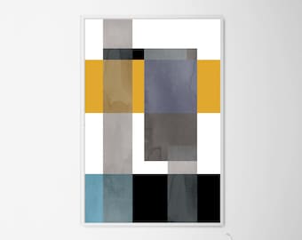 Minimalist Wall Art, Printable Geometric Art, Blue Yellow Print, Modern Abstract Yellow Gray Print,  Geometric Yellow Blue Poster