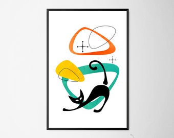 Mid Century Modern Cat Print, Mid Century Cat Art, Nursery Atomic Cat, Mid Century Retro Cat, Retro Cat Poster, 50's Modern Art Atomic Print