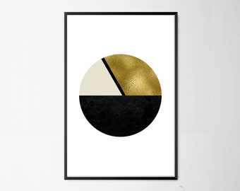 Geometric Gold Circle Print, Scandinavian Printable Art, Gold Black Wall Art, Minimalist Golden Print, Printable Art, Modern Gold Art