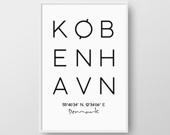 Printable Copenhagen Poster, København Print, City Print, København Coordinates Poster, Denmark Poster, Printable Copenhagen City Poster