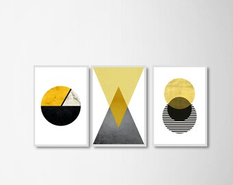 Set Of Three Prints, Printable Yellow Art, Yellow Prints, Geometric Yellow Printable Art, Minimalist Bright Yellow Prints, Abstract Art