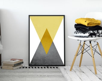 Arte geométrico imprimible, arte gris amarillo mostaza, impresión escandinava, cartel nórdico, impresión minimalista amarilla, escandinavo moderno imprimible imprimible