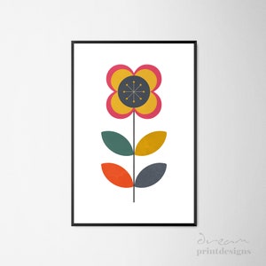 Orange Scandinavian Flower Wall Art, Printable Mid century Flower Print, Mid century Modern Art, Botanical print, Modern Mid-Century Print