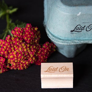 Laid On Mini Stamp for Egg Cartons and Hangtags - 1 inch x 1/2 inch - Elegant Script - Chicken keeper gift