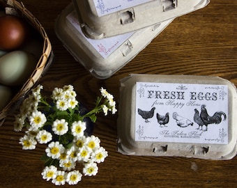 Custom Egg Carton Labels - All text is customizable - Black, Blue, or Red - Fits 4.25"x2.75" Half Dozen Cartons