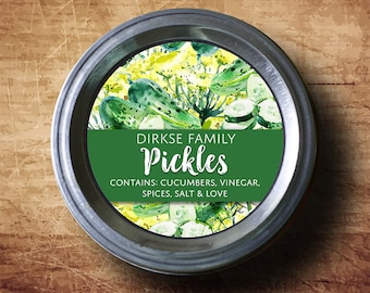Customized Pickle Canning Label - Watercolor Style Canning Jar Label - Wide Mouth & Regular Mouth - Watercolor Pickles Label