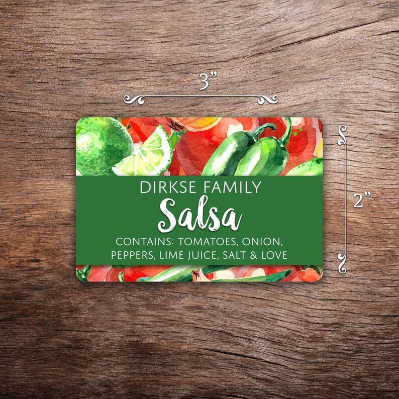 May include: A green and white label with the text "DIRKSE FAMILY Salsa CONTAINS: TOMATOES, ONION, PEPPERS, LIME JUICE, SALT & LOVE" printed on it. The label has a watercolor background of tomatoes, limes, and green peppers.