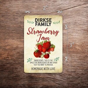 Customized Label Strawberry Jam, Jelly, Preserves, Canning Jar Label Wide Mouth & Regular Mouth Vintage All Text is Customizable Vertical 3 x 2 inches