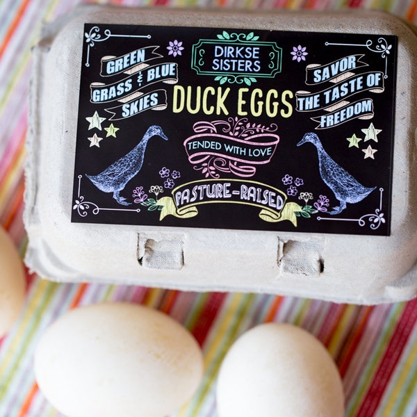 Custom Duck Egg Carton Labels - Chalkboard Style - Pasture Raised - Runner Ducks - Duck Eggs - Customized for your Farm - Half Dozen Cartons