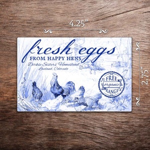 Custom Egg Carton Labels Vintage Chicken Drawing 4.25x2.75 half dozen size all text is customizable Blue