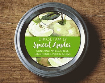 Customized Label - Applesauce, Apple Jelly, Preserves, Watercolor Style Canning Jar Label - Wide Mouth & Regular Mouth - Green Apple