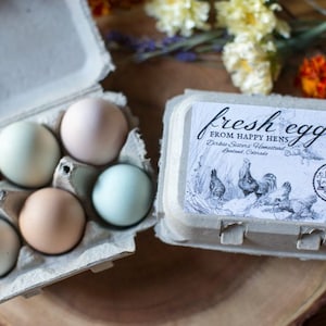 Custom Egg Carton Labels - Vintage Chicken Drawing - 4.25"x2.75" half dozen size - all text is customizable