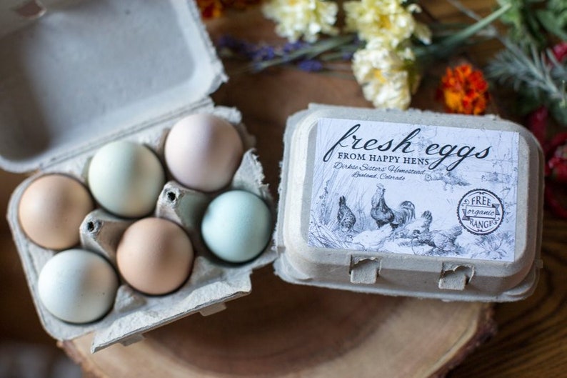 Custom Egg Carton Labels Vintage Chicken Drawing 4.25x2.75 half dozen size all text is customizable image 1