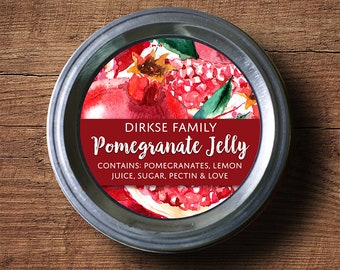 Customized Pomegranate Canning Label - Pomegranate Jelly - Watercolor Style Canning Jar Label - Wide Mouth & Regular Mouth