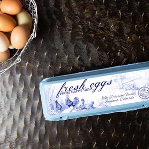 Custom Egg Carton Labels - Vintage Chicken Drawing - Fresh Eggs from Happy Hens - For Full Dozen/12-Egg Cartons
