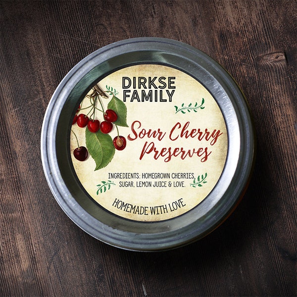 Customized Label - Cherry Jam, Jelly, Preserves, Canning Jar Label - Wide Mouth & Regular Mouth - Vintage - All Text is Customizable