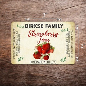 Customized Label Strawberry Jam, Jelly, Preserves, Canning Jar Label Wide Mouth & Regular Mouth Vintage All Text is Customizable Horizontal 3 x 2 inches