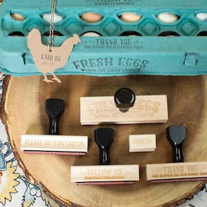 Deluxe Egg Carton Stamp Set - 5 Stamps plus hangtags - Chicken keeper gift - Fresh Eggs - Return Carton - Farm Branding - Customizable