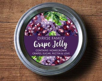 Customized Label - Grape Jelly, Grape Juice Watercolor Style Canning Jar Label - Wide Mouth & Regular Mouth - Watercolor Grapes