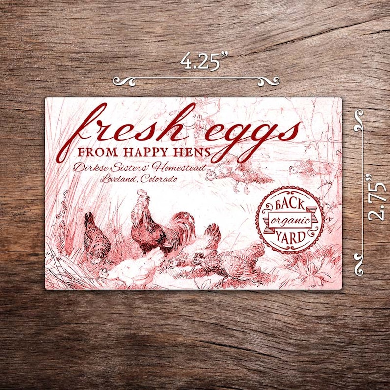 Custom Egg Carton Labels Vintage Chicken Drawing 4.25x2.75 half dozen size all text is customizable Red
