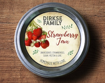 Customized Label - Strawberry Jam, Jelly, Preserves, Canning Jar Label - Wide Mouth & Regular Mouth - Vintage - All Text is Customizable