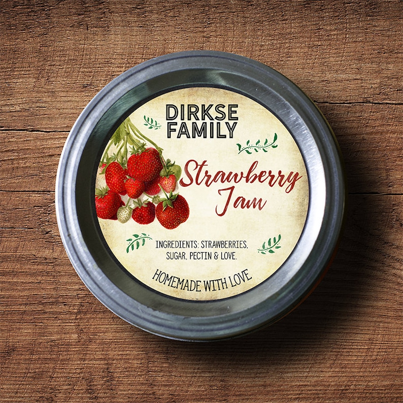 Customized Label Strawberry Jam, Jelly, Preserves, Canning Jar Label Wide Mouth & Regular Mouth Vintage All Text is Customizable image 1