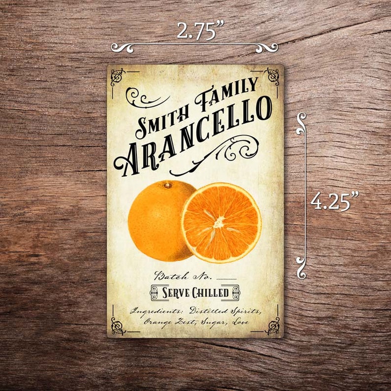 Customized Label Arancello, Orange Liqueur Label for Your Homemade Liqueurs Vintage Style Vertical 4.25 x 2.75 inches