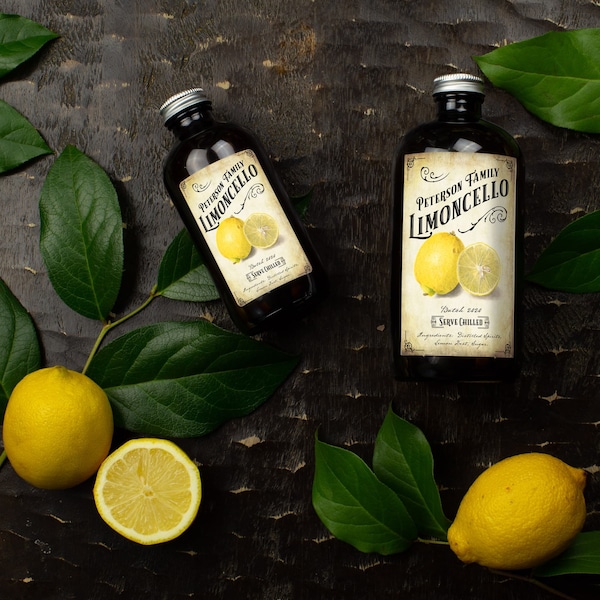 Limoncello Labels - Vintage Style - Customized Label for Lemon Liqueur, Lemonade - Antique Paper Background