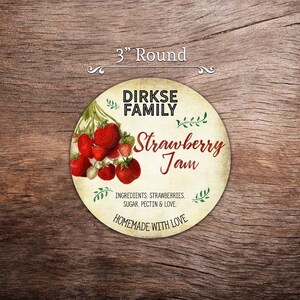 Customized Label Strawberry Jam, Jelly, Preserves, Canning Jar Label Wide Mouth & Regular Mouth Vintage All Text is Customizable Round 3 inches