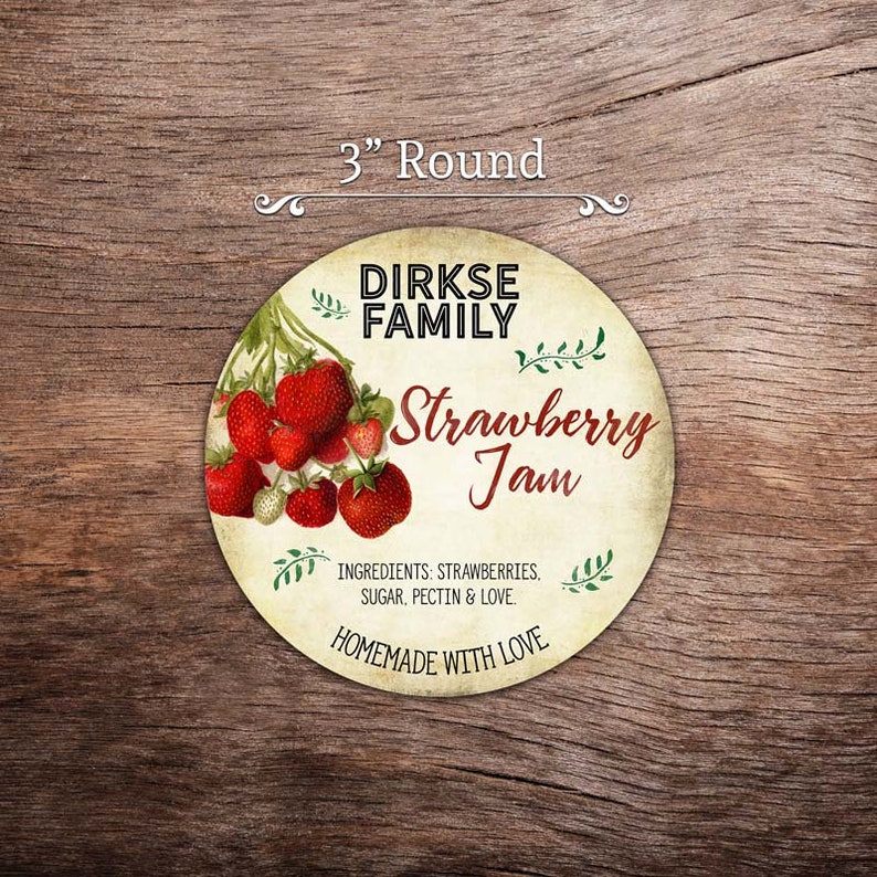 Customized Label Strawberry Jam, Jelly, Preserves, Canning Jar Label Wide Mouth & Regular Mouth Vintage All Text is Customizable Round 3 inches