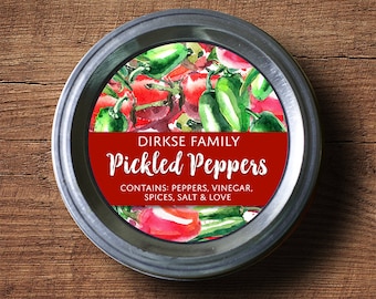 Customized Label for Pickled Peppers - Watercolor Style Canning Jar Label - Wide Mouth & Regular Mouth - Watercolor Peppers Label