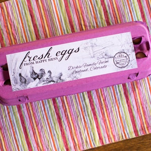 Custom Egg Carton Labels - Vintage Chicken Drawing - Fresh Eggs from Happy Hens - For Full Dozen/12-Egg Cartons