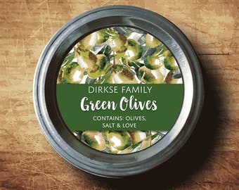 Customized Label for Green Olives - Watercolor Style Canning Jar Label - Wide Mouth & Regular Mouth - Watercolor Olive Canning Label