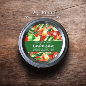 May include: A 2.5 inch round jar label with a green background and a watercolor illustration of tomatoes, onions, jalapenos, and limes. The label reads "PETERSON FAMILY Garden Salsa" and "INGREDIENTS: SPECIFY YOUR NOTES OR INGREDIENTS HERE".