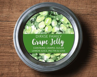 Customized Label - Grape Jelly, Grape Juice Watercolor Style Canning Jar Label - Wide Mouth & Regular Mouth - Watercolor Green Grapes