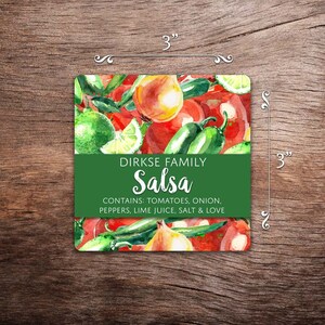 May include: A green and white square label with the text "DIRKSE FAMILY Salsa CONTAINS: TOMATOES, ONION, PEPPERS, LIME JUICE, SALT & LOVE". The label has a watercolor illustration of tomatoes, onions, peppers, limes, and cilantro.