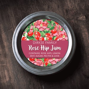 Customized Label - Rose Hip Jam, Watercolor Style Canning Jar Label - Wide Mouth & Regular Mouth - Watercolor Rose Hips Label