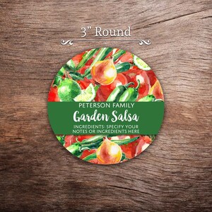 May include: A 3-inch round sticker with a green background and a watercolor illustration of tomatoes, onions, limes, and jalapenos. The text "PETERSON FAMILY Garden Salsa" is in white with a green outline. The text "INGREDIENTS: SPECIFY YOUR NOTES OR INGREDIENTS HERE" is in white.
