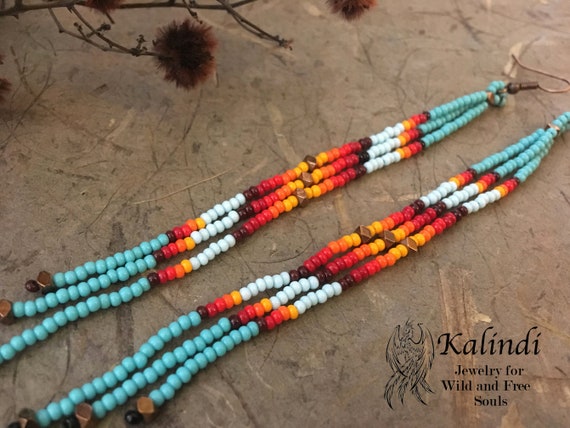 5"Extra Long turquoise Beaded Earrings Ombre Shoulder Dusters~Long Seed Bead Earring~Long Bohemian Dusters~Native American Style Southwest