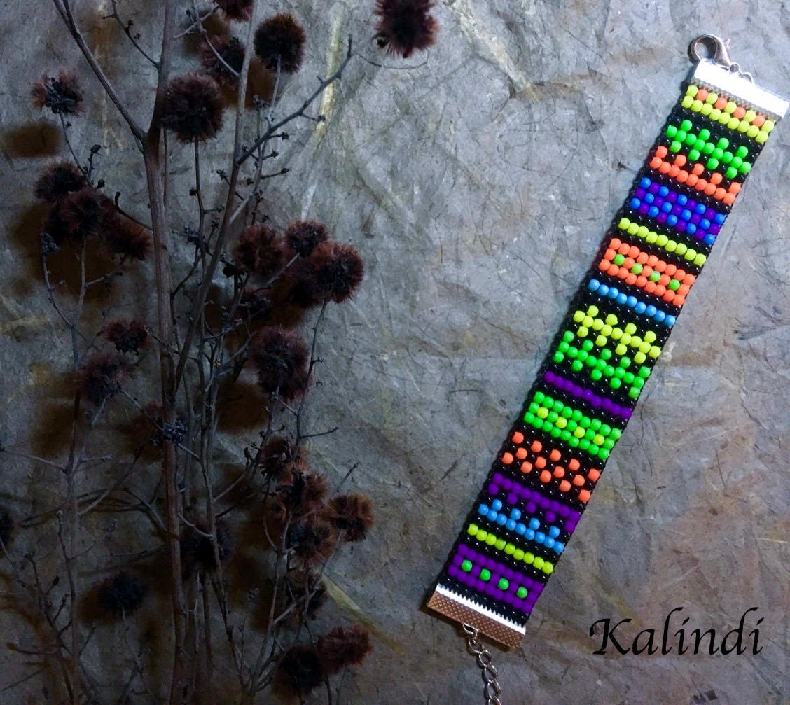 Neon bracelet neon beads uv light Patchwork orange Etsy