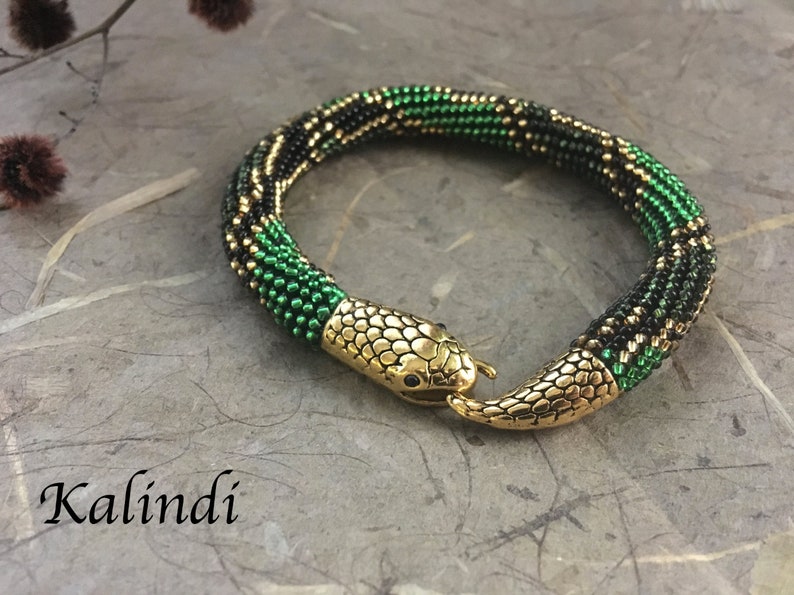 Bracelet Snake Beaded bracelet snake Green Bead Crochet Etsy