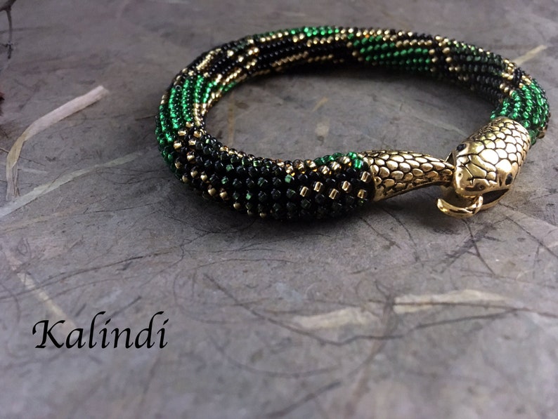 Bracelet Snake Beaded bracelet snake Green Bead Crochet Etsy