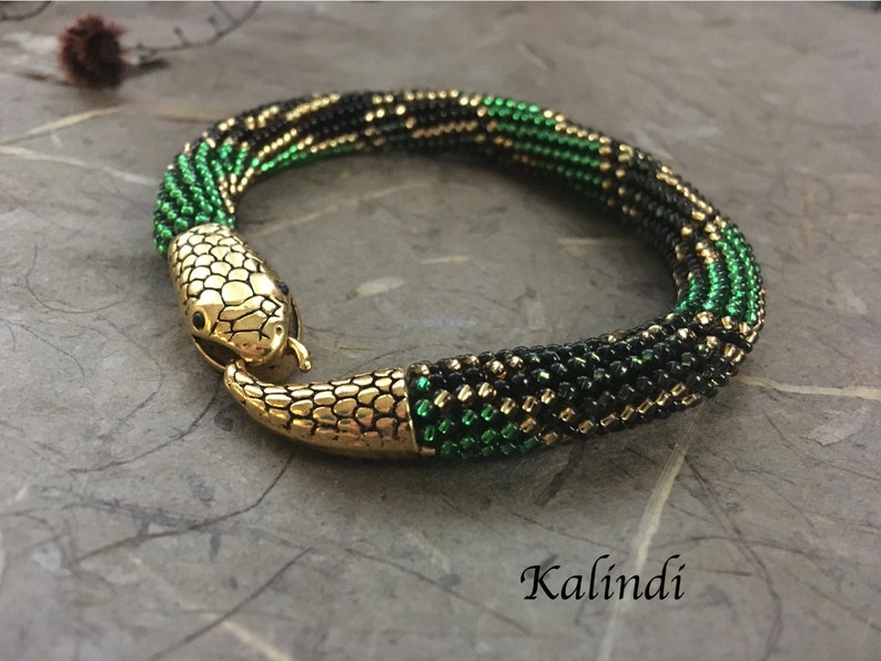 Bracelet Snake Beaded Bracelet Snake Green Bead Crochet Etsy