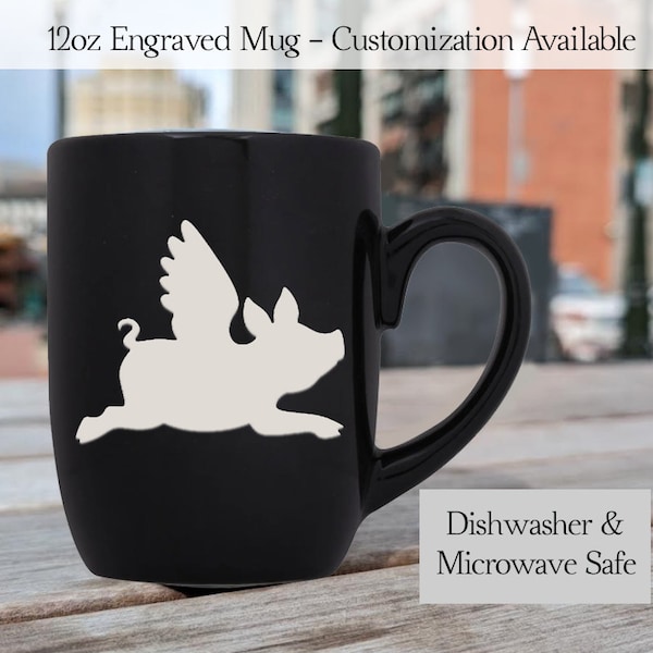 Flying Pig, Marathon Mug, Personalized, Customized, Engraved, Etched, Coffee Cup, 12oz, Black