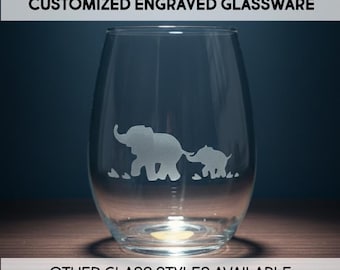 Elephant Wine Glass - White and Red Wine - Mom and Baby - Elephant Love - Animal Lover - Pint Pilsner Glass - Drinkware - Barware - Gifts