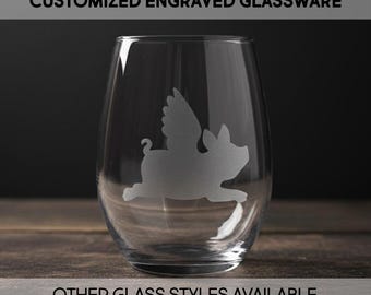 Flying Pig Glass - Engraved Glassware - Personalized - Customized - Silhouette - Gift Ideas - Gifts for Him - Gifts for Her - Humor