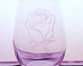 Rose Wine Glass - Roses - Flower Glassware - Etched - Customized - Personalized - Pint - Gifts for Her - Decor - Custom